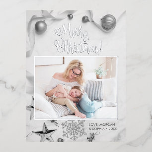 Carte Postale De Vacances En Aluminium Joyeux Noël élégant argent, Photo, Message