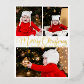 Carte Postale De Vacances En Aluminium Joyeux Noël Élégant Script 3 Famille Photo Gold (Recto)