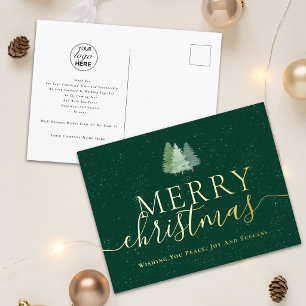 Carte Postale De Vacances En Aluminium Joyeux Noël Entreprise Logo Sapins enneigés Or