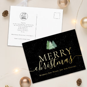 Carte Postale De Vacances En Aluminium Joyeux Noël Entreprise Logo Sapins enneigés Or