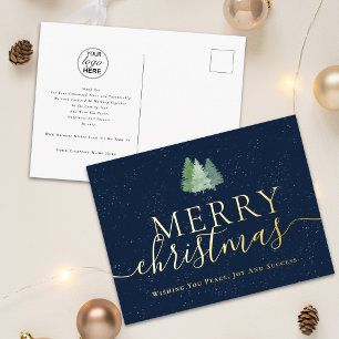 Carte Postale De Vacances En Aluminium Joyeux Noël Entreprise Logo Sapins enneigés Or