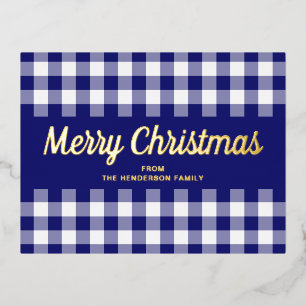 Carte Postale De Vacances En Aluminium Joyeux Noël Gingham Bleu Écriture Dorée