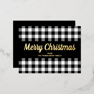 Carte Postale De Vacances En Aluminium Joyeux Noël Gingham Noir Blanc Écriture Dorée