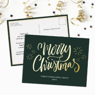 Carte Postale De Vacances En Aluminium Joyeux Noël Green Gold Calligraphie Affaires
