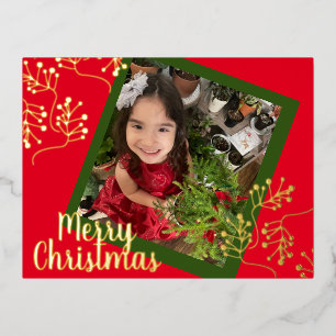 Carte Postale De Vacances En Aluminium Joyeux Noël Houx Baie Or Pressé