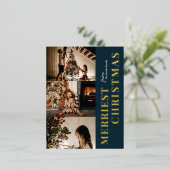 Carte Postale De Vacances En Aluminium Joyeux Noël Moderne Bleu Or Script Photo (Debout devant)