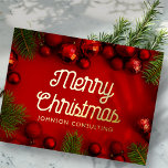 Carte Postale De Vacances En Aluminium Joyeux Noël Moderne Ornements rouges et pin<br><div class="desc">Votre logo d'entreprise peut être ajouté à l'arrière. Modifiez le message de vacances,  le nom commercial ou le nom de l'entreprise. Disponible ici : http://www.zazzle.com/selectpartysupplies</div>