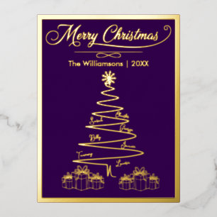 Carte Postale De Vacances En Aluminium Joyeux Noël Simple Arbre d'Or, Présents, Noms