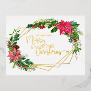 Carte Postale De Vacances En Aluminium Joyeux Script de Noël Floral avec cadre doré