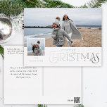 Carte Postale De Vacances En Aluminium Joyeux voeux de Noël avec Insertion photo Argent<br><div class="desc">Amusant Joyeux Noël argenté graphisme de feuille dans une police de feuille réelle personnalisée avec champ de texte modifiable,  petit carré photo insérer modèle et grand modèle photo arrière - plan.</div>
