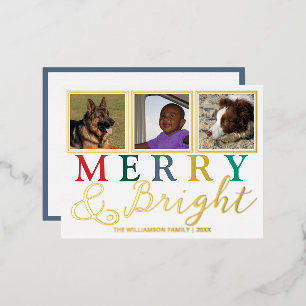 Carte Postale De Vacances En Aluminium Lettres colorées 3 Photo Merry Bright Chic Gold