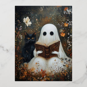 Carte Postale De Vacances En Aluminium Livre de lecture de fantômes et chat noir