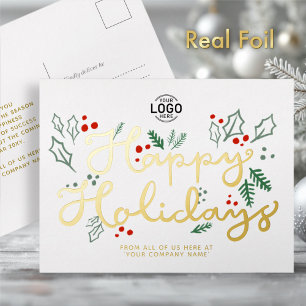 Carte Postale De Vacances En Aluminium Logo Business Gold Lettering Happy Holidays White
