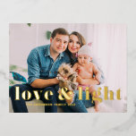Carte Postale De Vacances En Aluminium Love and Light Bold Typographie Hanoukka Photo<br><div class="desc">Amour et Lumière ! Envoyez vos souhaits à votre famille et à vos amis avec cette carte postale Hanoukka personnalisable en feuille d'or. Il présente une typographie audacieuse. Personnalisez en ajoutant des noms et une photo. Cette feuille d'or Happy Hanoukka carte postale est disponible sur d'autres cartes.</div>