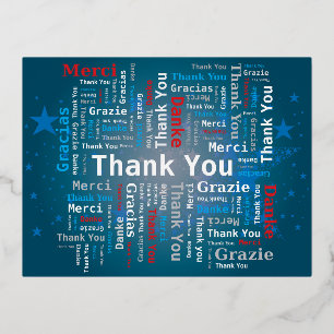 Carte Postale De Vacances En Aluminium Merci Word Cloud - 5 langues - Bleu profond