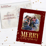 Carte Postale De Vacances En Aluminium Merry Christmas Burgundy Calligraphy Two Photo<br><div class="desc">This design features merry Christmas holiday photo gold,  burgundy script elegant simple,  simple minimalist stylish modern dots,  merry Christmas winter design,  stylish script hand-lettered,  a memorable traditional luxury Christmas,  with elegant gold foil calligraphy,  and 2 photo two postcard template,  a family photo postcard,  with festive trendy typography photo overlay</div>