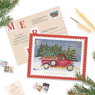 Carte Postale De Vacances En Aluminium Merry Christmas Vintage Red Truck Postage Stamp