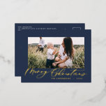 Carte Postale De Vacances En Aluminium Moderne feuillage minimal 1 script photo élégant b<br><div class="desc">Noël élégante minimaliste moderne typographie noire et 1 photo traditionnelle classe bleue carte postale de vacances. Véritable feuille d'or,  argent et or rose typographie détaillant.</div>