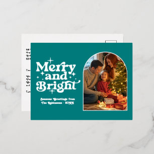 Carte Postale De Vacances En Aluminium Noël rétro gai et lumineux sarcelle et argent