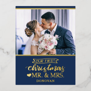 Carte Postale De Vacances En Aluminium Notre premier Noël en tant que Mr & Mrs newlyweds 