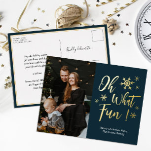 Carte Postale De Vacances En Aluminium Oh What Fun Blue Gold Calligraphie Snowflakes Phot