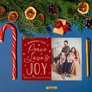 Carte Postale De Vacances En Aluminium Paix, Amour & Joie Photo de Noël Réelle
