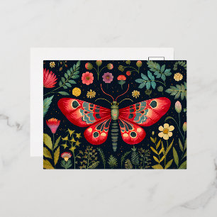 Carte Postale De Vacances En Aluminium Papillon Rouge Dans Le Jardin De Nuit