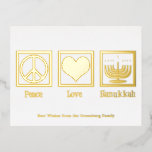 Carte Postale De Vacances En Aluminium Peace Love Hanoukka Custom Elegant Gold<br><div class="desc">Une carte postale élégante Peace Love Hanoukka pour une personne juive qui aime célébrer Chanukah. Un joli signe de paix,  coeur,  et une belle menorah au-dessus de votre texte personnalisé sur de belles cartes postales.</div>