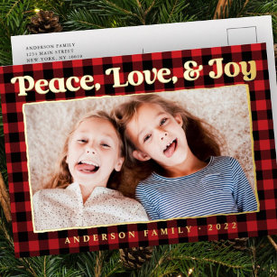 Carte Postale De Vacances En Aluminium Peace Love & Joy Plaid Photo de famille du Motif