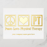 Carte Postale De Vacances En Aluminium Peace Love PT Thérapie physique Custom Gold<br><div class="desc">Une jolie carte postale de vacances en feuille d'or pour le kinésithérapeute de Noël avec un joli signe de paix,  le coeur,  et des lettres PT pour la physiothérapie. Customisez ces cartes postales de Noël avec votre entreprise ou nom d'entreprise.</div>