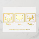 Carte Postale De Vacances En Aluminium Peace Love Theatre Company Custom Christmas Gold<br><div class="desc">Belle théatre ou drama club feuille d'or cartes postales vacances avec un joli signe de paix,  coeur,  et les joyeuses et tristes masques de théâtre d'action. Peace Love Theater Carte postale de Noël.</div>