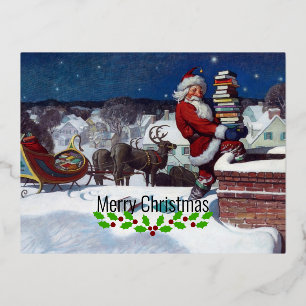 Carte Postale De Vacances En Aluminium Père Noël livrant une brassée de livres par Wyeth