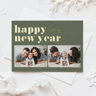 Carte Postale De Vacances En Aluminium Photo Bonne Année Typographie Rétro Vert Taupe