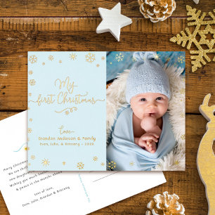 Carte Postale De Vacances En Aluminium Photo de bébé Mon premier Noël Aqua bleu or vérita