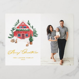 Carte Postale De Vacances En Aluminium Photo de cottage de Noël rouge aquarelle cosy