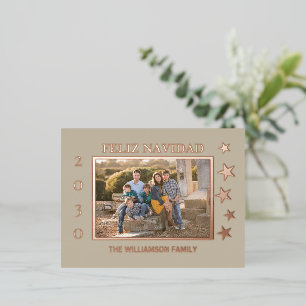 Carte Postale De Vacances En Aluminium Photo de famille Feliz Navidad Rose Gold Foil