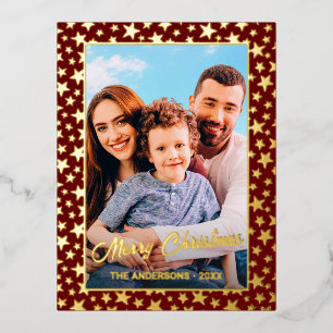 Carte Postale De Vacances En Aluminium Photo de famille Joyeux Noël étoile rouge bordeaux