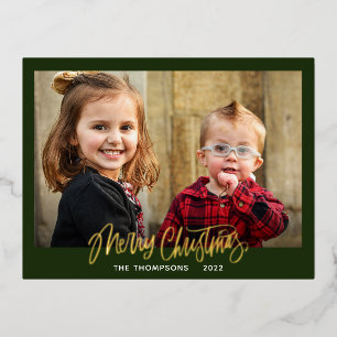 Carte Postale De Vacances En Aluminium Photo de famille Joyeux Script de Noël Or