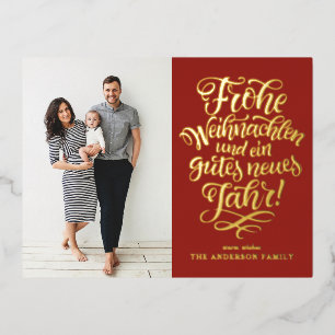 Carte Postale De Vacances En Aluminium Photo de la calligraphie de Red Frohe Weihnachten