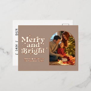 Carte Postale De Vacances En Aluminium Rose Gold & Taupe Joyeux et rétro brillant Noël