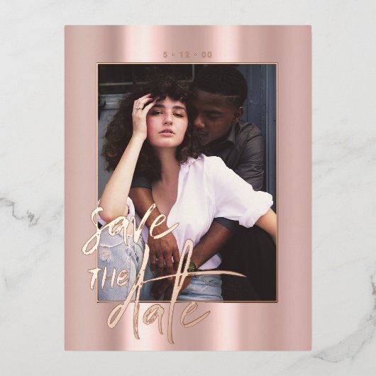 Carte Postale De Vacances En Aluminium Rosegold Script Photo Wedding Save the Date (Recto)