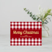 Carte Postale De Vacances En Aluminium Rouge Classique Gingham Noël Script Or (Debout devant)