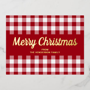 Carte Postale De Vacances En Aluminium Rouge Classique Gingham Noël Script Or 