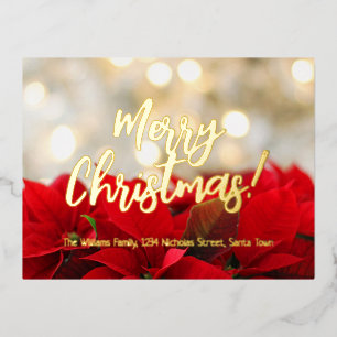 Carte Postale De Vacances En Aluminium Rouge Poinsettia Gold Foil Script Joyeux Noël