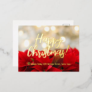 Carte Postale De Vacances En Aluminium Rouge Poinsettia Gold Foil Script Joyeux Noël