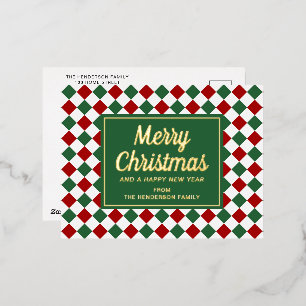 Carte Postale De Vacances En Aluminium Rouge Vert Classique à Carreaux Joyeux Noël Or
