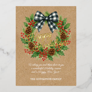 Carte Postale De Vacances En Aluminium Rustique Holly Wreath Blanc Noir À damiers Bow Or