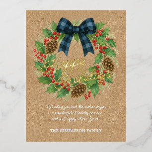 Carte Postale De Vacances En Aluminium Rustique Holly Wreath Bleu Noir À damiers Bow