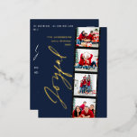 Carte Postale De Vacances En Aluminium Script minimal moderne multi photo bleu Noël<br><div class="desc">Script minimal moderne multi photo rétro de Noël bleu marine design. Elégant design or réel,  argent et doré rose.</div>