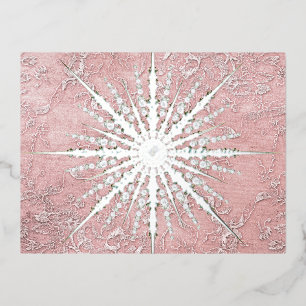 Carte Postale De Vacances En Aluminium Silver flocon rose élégant hiver vintage